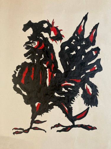 Dessin  1970 Coq Poule Animal Animaux Ancien Encre Peinture A Identifier
