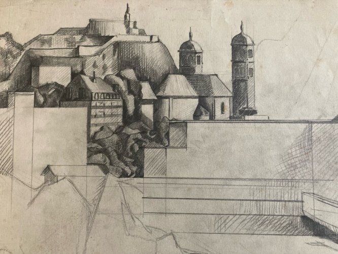 Dessin 1970 Crayon Paysage Cubisme Futurisme À Identifier Cubiste Futuriste Art