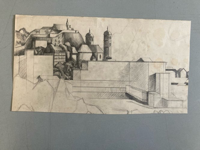 Dessin 1970 Crayon Paysage Cubisme Futurisme À Identifier Cubiste Futuriste Art