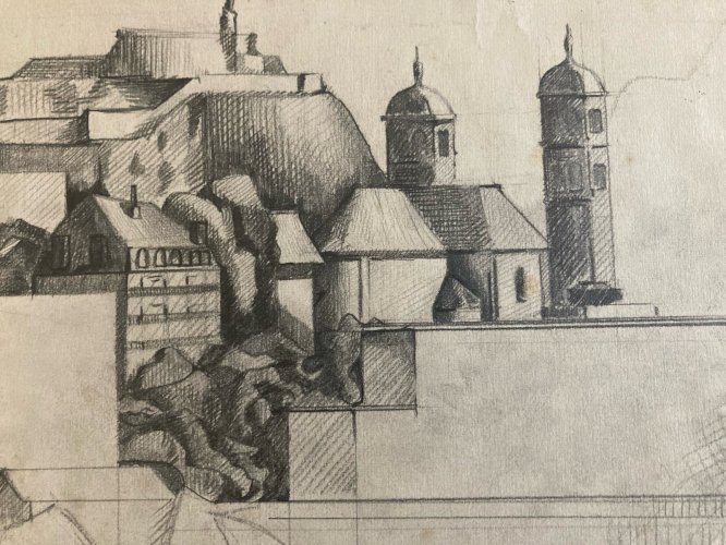 Dessin 1970 Crayon Paysage Cubisme Futurisme À Identifier Cubiste Futuriste Art