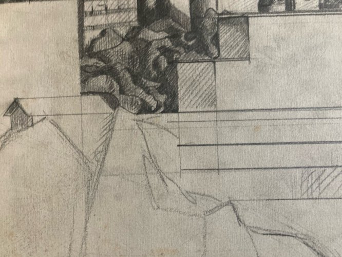 Dessin 1970 Crayon Paysage Cubisme Futurisme À Identifier Cubiste Futuriste Art