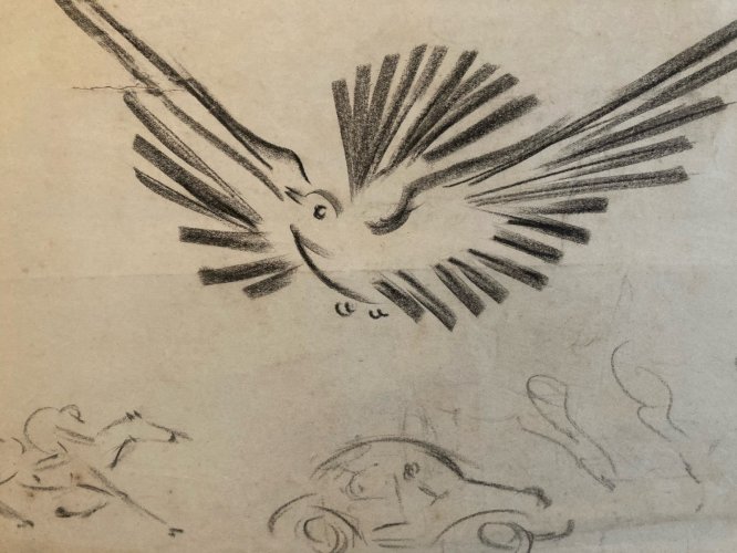 Dessin 1970 Oiseau Crayon Fusain Colombe Animal Animaux A Identifier Drawing XXe