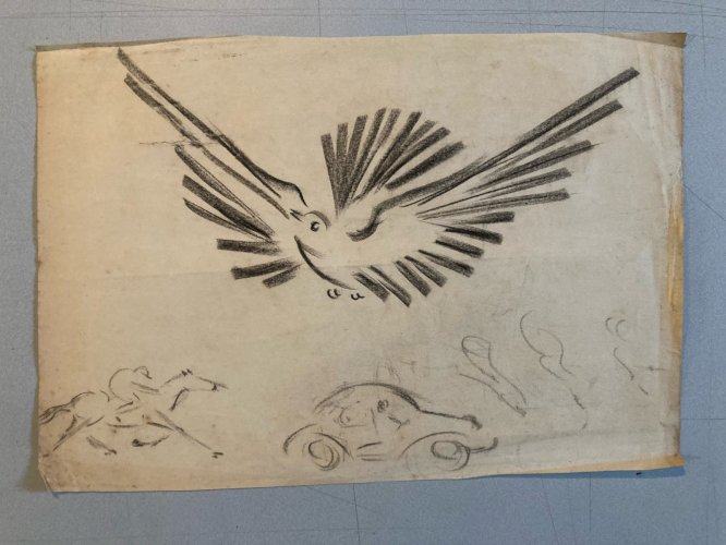 Dessin 1970 Oiseau Crayon Fusain Colombe Animal Animaux A Identifier Drawing XXe