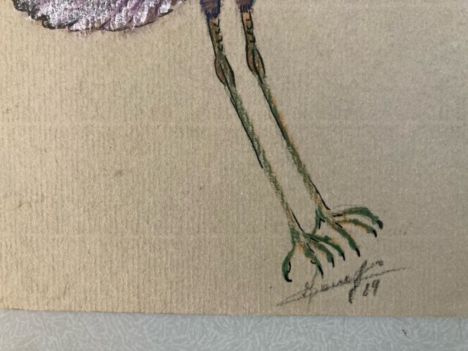 Dessin 1980 Oiseau Crayon Fusain Grue Animal Animaux A Identifier Art XXe