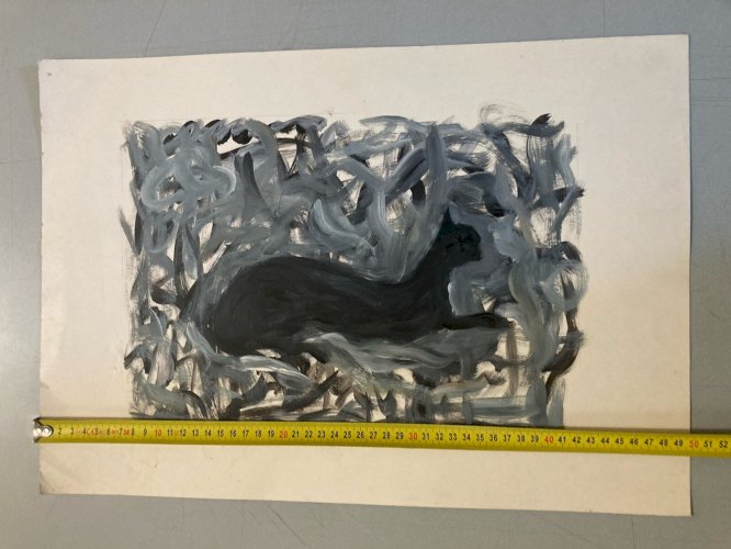 Dessin 1980 Peinture Papier Gouache Chat Signé A Identifier Expressionnisme