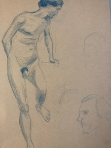 Dessin Académique Mine De Plomb nu ancien homme crayon Portrait 1910 Art