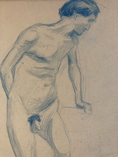 Dessin Académique Mine De Plomb nu ancien homme crayon Portrait 1910 Art