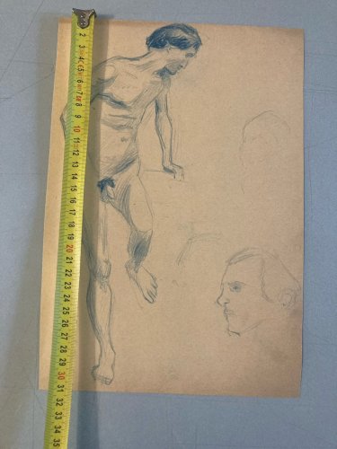 Dessin Académique Mine De Plomb nu ancien homme crayon Portrait 1910 Art