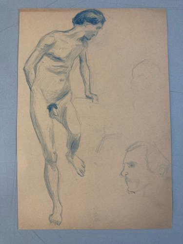 Dessin Académique Mine De Plomb nu ancien homme crayon Portrait 1910 Art