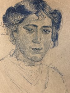 Dessin Alfred Leymarie Portrait Crayon Papier Femme  1914 At Déco Etude Signé