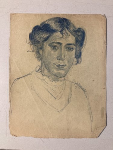 Dessin Alfred Leymarie Portrait Crayon Papier Femme  1914 At Déco Etude Signé