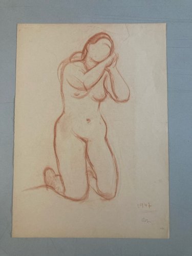 Dessin Ancien 1947 Papier Art Nue Femme Nu Erotique A Identifier Sanguine