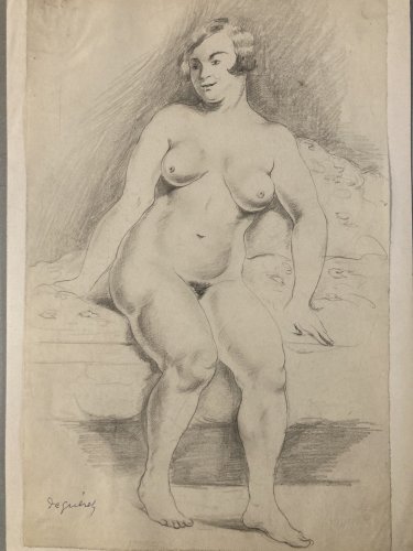 Dessin Ancien Crayon Encre Femme étude classique 1950 Yvonne DEGUÉRET