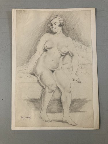 Dessin Ancien Crayon Encre Femme étude classique 1950 Yvonne DEGUÉRET
