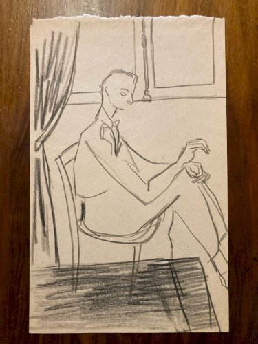 Dessin Ancien Crayon Papier 1950 Homme Assis Expressionniste Expressionnisme Art
