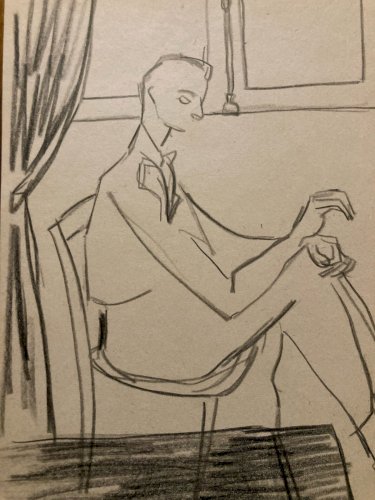 Dessin Ancien Crayon Papier 1950 Homme Assis Expressionniste Expressionnisme Art