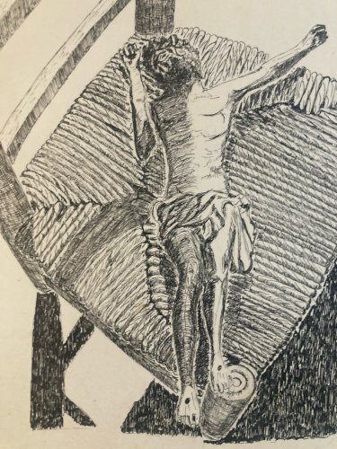 Dessin Ancien Encre Christ Jesus Chaise Art Brut Naïf 1970 A Identifier