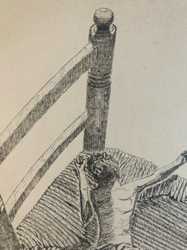 Dessin Ancien Encre Christ Jesus Chaise Art Brut Naïf 1970 A Identifier