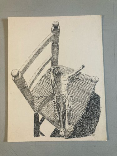 Dessin Ancien Encre Christ Jesus Chaise Art Brut Naïf 1970 A Identifier