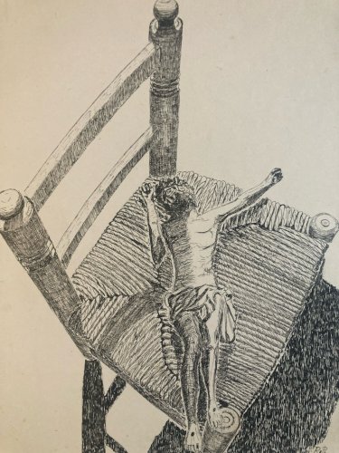 Dessin Ancien Encre Christ Jesus Chaise Art Brut Naïf 1970 A Identifier