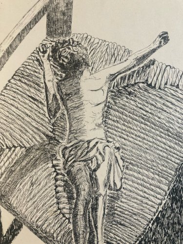 Dessin Ancien Encre Christ Jesus Chaise Art Brut Naïf 1970 A Identifier