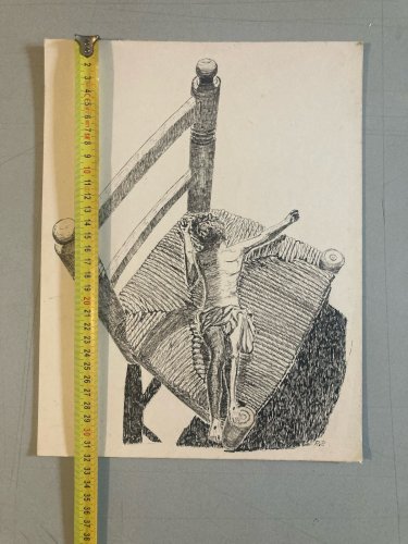 Dessin Ancien Encre Christ Jesus Chaise Art Brut Naïf 1970 A Identifier