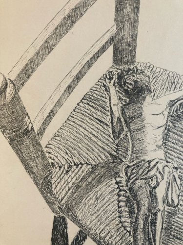 Dessin Ancien Encre Christ Jesus Chaise Art Brut Naïf 1970 A Identifier