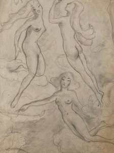 Dessin Ancien Nu Crayon Papier Femme Nue Dans Les Nuages Erotique 1950