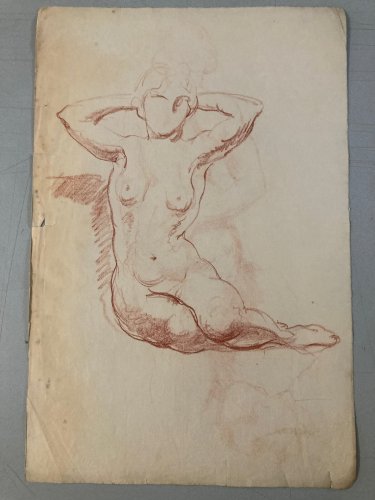 Dessin Ancien Nu Crayon Papier Femme Nue Dans Les Nuages Erotique 1950