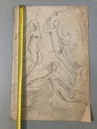 Dessin Ancien Nu Crayon Papier Femme Nue Dans Les Nuages Erotique 1950