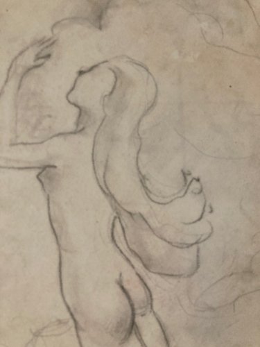Dessin Ancien Nu Crayon Papier Femme Nue Dans Les Nuages Erotique 1950