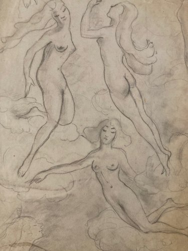 Dessin Ancien Nu Crayon Papier Femme Nue Dans Les Nuages Erotique 1950
