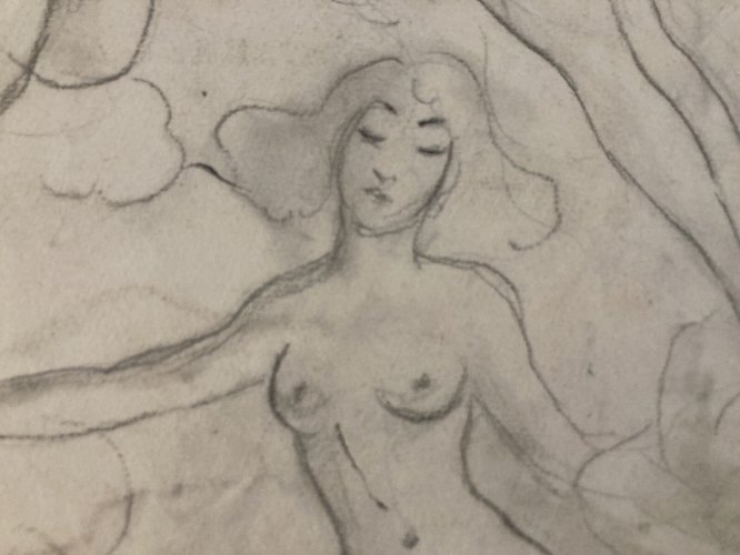 Dessin Ancien Nu Crayon Papier Femme Nue Dans Les Nuages Erotique 1950