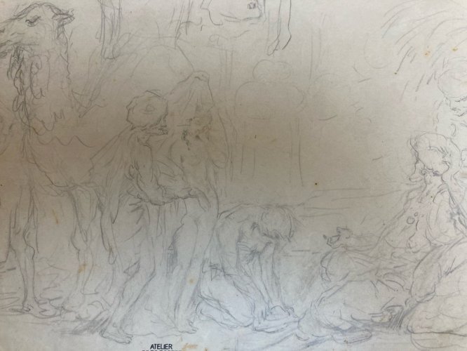 Dessin Ancien Original Crayon 1830 XIXe Jules Robert Auguste Marché Esclave Art