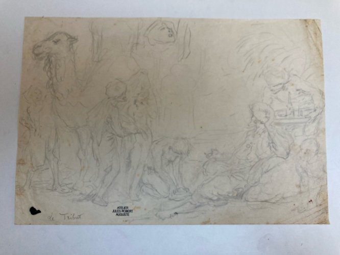 Dessin Ancien Original Crayon 1830 XIXe Jules Robert Auguste Marché Esclave Art
