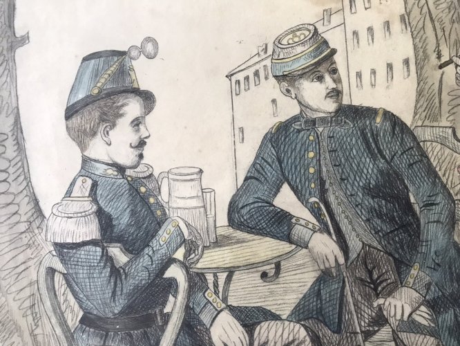 Dessin Ancien XIXe Aquarelle Militaires École Française Signé Daté Crayon Noir