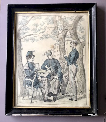 Dessin Ancien XIXe Aquarelle Militaires École Française Signé Daté Crayon Noir