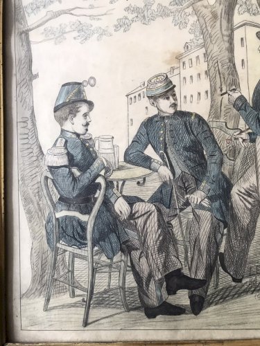 Dessin Ancien XIXe Aquarelle Militaires École Française Signé Daté Crayon Noir