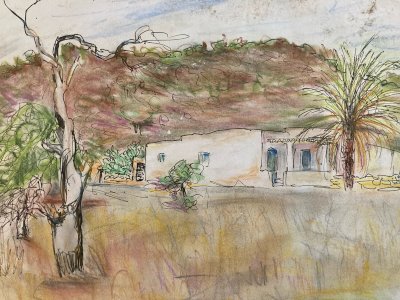 Dessin Aquarelle Encre Paysage Peinture 1970 A Identifier Orientaliste