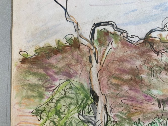 Dessin Aquarelle Encre Paysage Peinture 1970 A Identifier Orientaliste