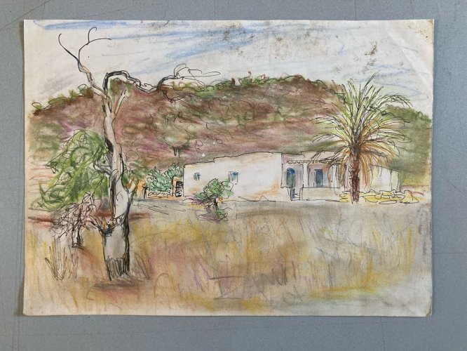 Dessin Aquarelle Encre Paysage Peinture 1970 A Identifier Orientaliste