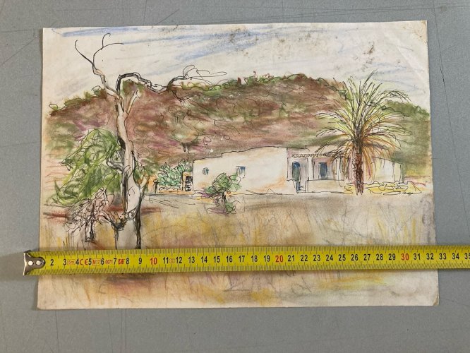 Dessin Aquarelle Encre Paysage Peinture 1970 A Identifier Orientaliste
