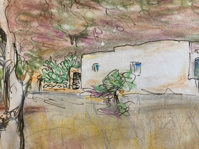 Dessin Aquarelle Encre Paysage Peinture 1970 A Identifier Orientaliste