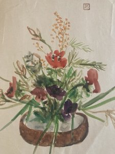 Dessin Aquarelle Gouache papier Art Fleurs bouquet Fleur 1950 Ancien Signé