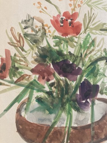 Dessin Aquarelle Gouache papier Art Fleurs bouquet Fleur 1950 Ancien Signé