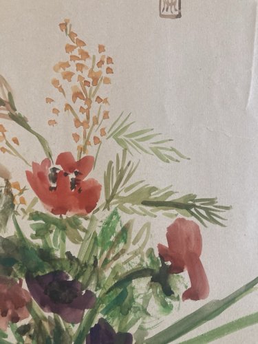 Dessin Aquarelle Gouache papier Art Fleurs bouquet Fleur 1950 Ancien Signé