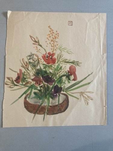 Dessin Aquarelle Gouache papier Art Fleurs bouquet Fleur 1950 Ancien Signé