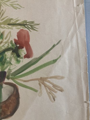 Dessin Aquarelle Gouache papier Art Fleurs bouquet Fleur 1950 Ancien Signé