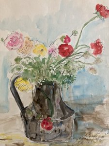 Watercolor Gouache Drawing Paper Art Flowers Bouquet Flower 1980 Carnation Signed