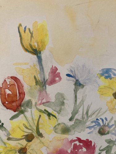 Dessin Aquarelle Gouache papier Art Fleurs bouquet Fleur 1980 Tulipes Drawing